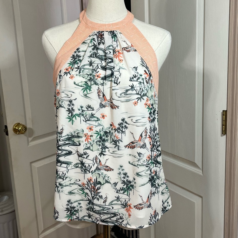 H&M Peach Trim White Floral Crane Halter Tank Top